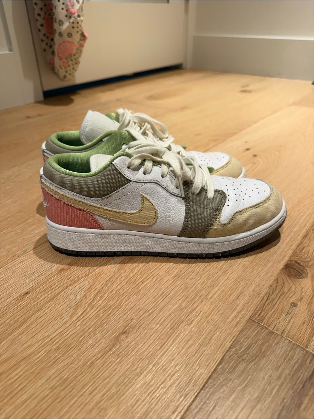 Nike Kids Jordan 1 Low Sneakers in White, Green, Pink & Cream